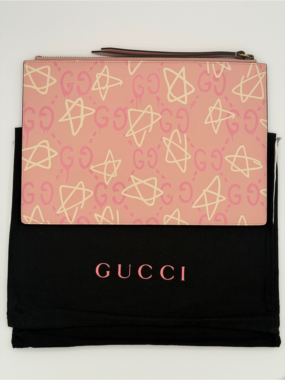 Gucci Ghost Pink Leather Portfolio Clutch Pouch Wristlet Graffiti GG Stars